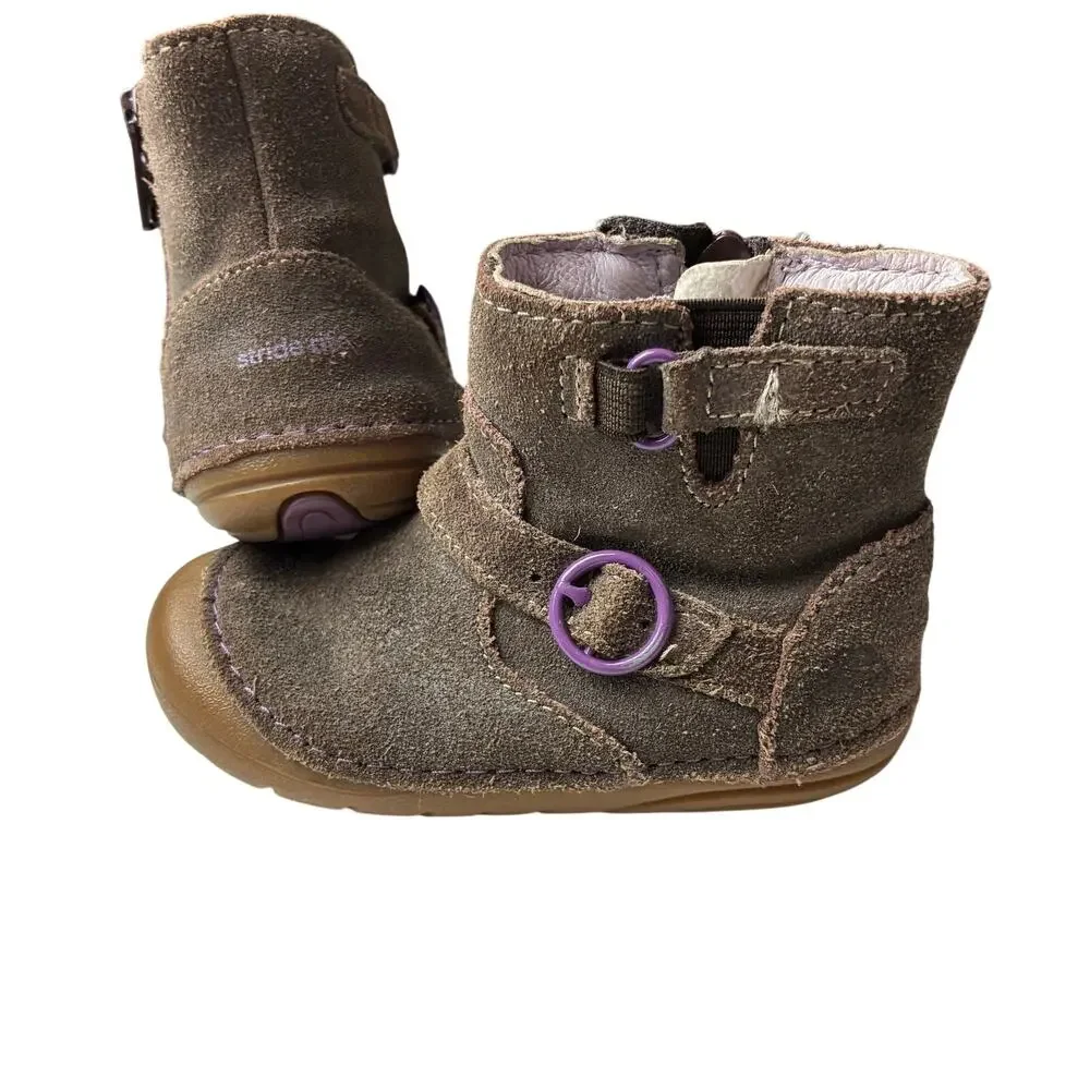 Stride Rite Brown Suede Boots Toddler Girl 6 Side Zip Purple Buckle Walking Shoe